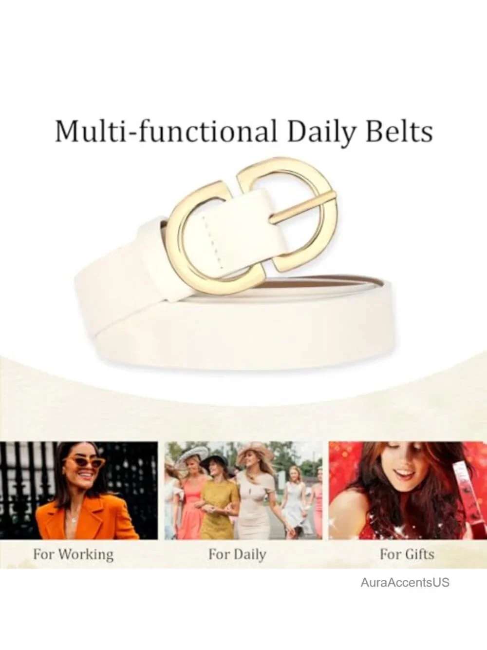 4 Pack Faux Leather Belts for Women Gold Buckle Waist Belt Dress Casual